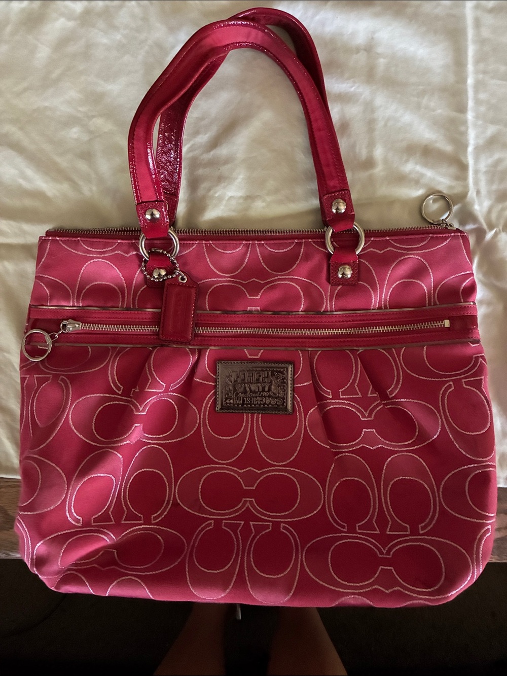 Coach Hot Pink Signature Tote with Silver Hardware